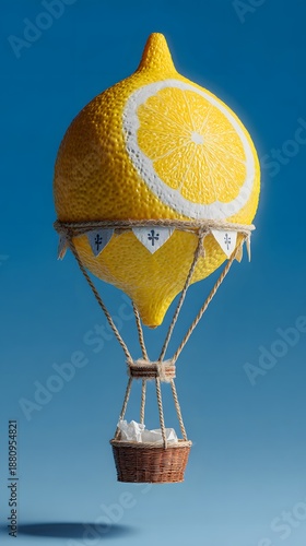 Vibrant lemon shaped hot air balloon soaring through clear blue sky