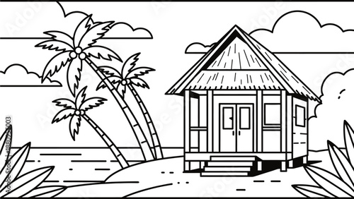 A black and white illustration of a small beach house with palm trees