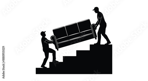 two individuals are collaboratively transporting a large sofa up a flight of stairs visually represented as a striking silhouette high quality