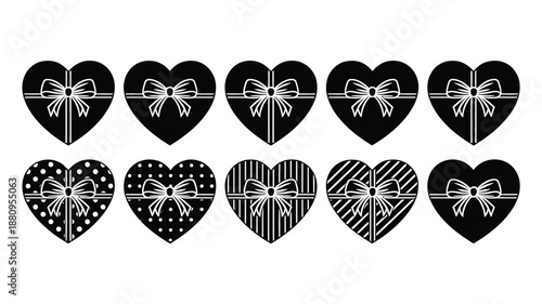 Charming Set of Heart-Shaped Gift Box Graphics with Ribbons for Love, Romance, and Celebration Designs