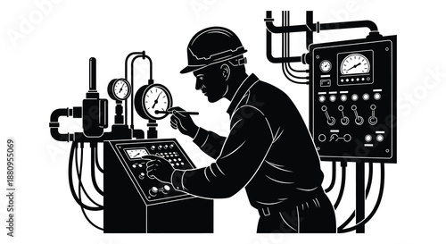 An industrial worker meticulously operates complex machinery and monitoring systems within a factory setting presented as a striking silhouette high quality