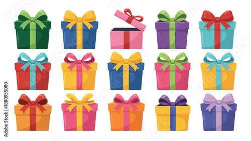 Collection of festive gift boxes with colorful ribbons and bows, perfect for celebrations