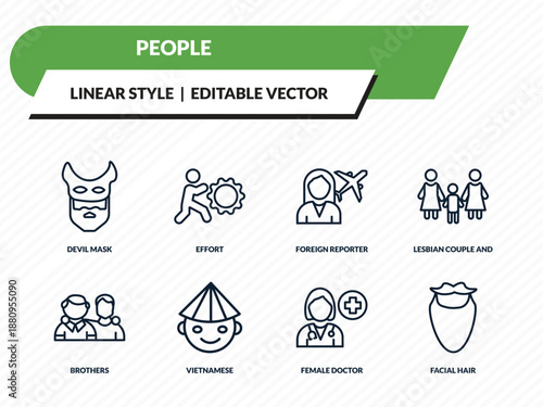 people icons set - devil mask, effort, foreign reporter, female doctor, facial hair outline vector collection.