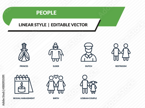 people icons set - princes, elder, dutch, lesbian couple, father and daughter outline vector collection.