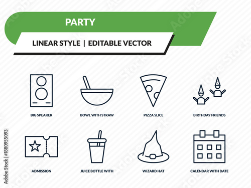 party icons set - big speaker, bowl with straw, pizza slice, wizard hat, calendar with date outline vector collection.