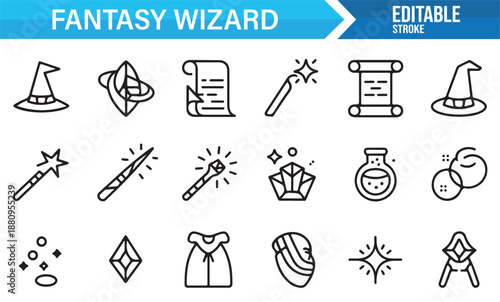 Wizard magic tools and potion outline icon set