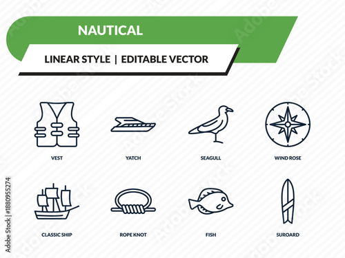 nautical icons set - vest, yatch, seagull, fish, suroard outline vector collection.
