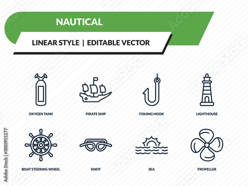 nautical icons set - oxygen tank, pirate ship, fishing hook, sea, propeller outline vector collection.