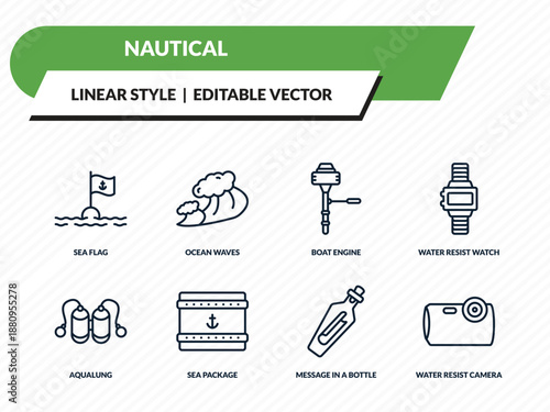 nautical icons set - sea flag, ocean waves, boat engine, message in a bottle, water resist camera outline vector collection.