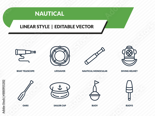 nautical icons set - boat telescope, lifesaver, nautical monocular, buoy, buoys outline vector collection.