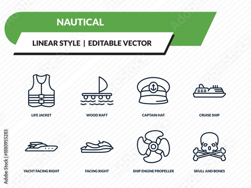 nautical icons set - life jacket, wood raft, captain hat, ship engine propeller, skull and bones outline vector collection.