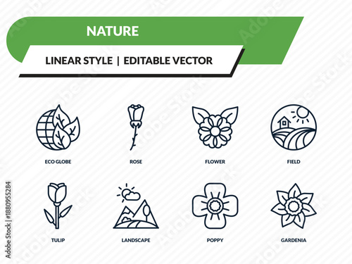 nature icons set - eco globe, rose, flower, poppy, gardenia outline vector collection.