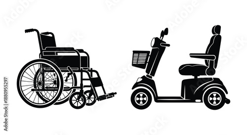 Detailed black and white illustration depicting a mobility scooter and a wheelchair showcasing assistive devices for movement silhouette high quality professional