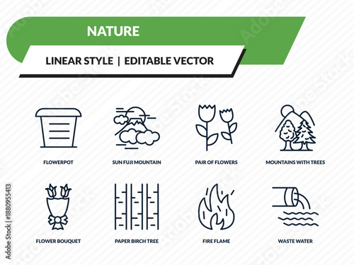 nature icons set - flowerpot, sun fuji mountain, pair of flowers, fire flame, waste water outline vector collection.
