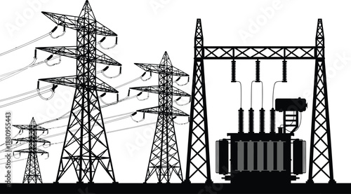 A striking depiction of power transmission infrastructure featuring large towers and a substation in a bold silhouette high quality professional detailed