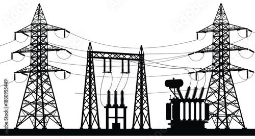A stark depiction of industrial power infrastructure featuring transmission towers substations and electrical lines in a minimalist silhouette high quality professional