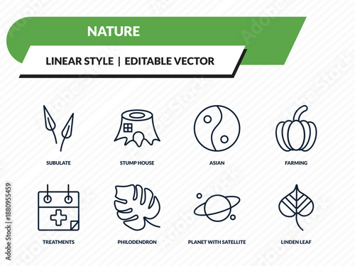 nature icons set - subulate, stump house, asian, planet with satellite, linden leaf outline vector collection.