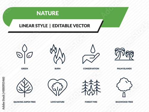 nature icons set - green, burn, conservation, forest fire, basswood tree outline vector collection.