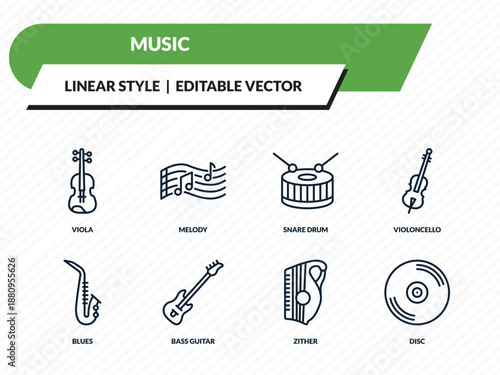 music icons set - viola, melody, snare drum, zither, disc outline vector collection.