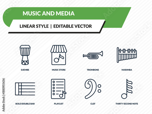 music and media icons set - djembe, music store, trombone, clef, thirty second note outline vector collection.