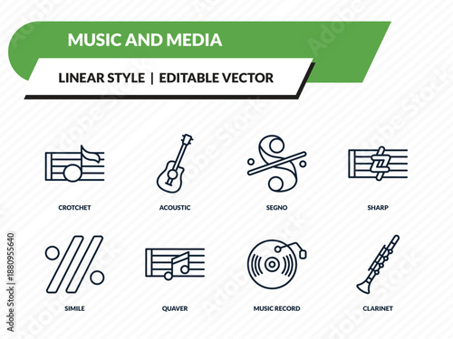 music and media icons set - crotchet, acoustic, segno, music record, clarinet outline vector collection.
