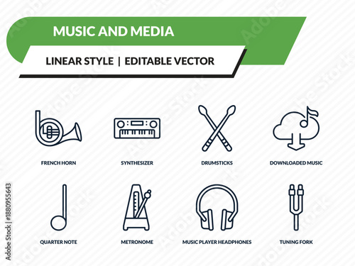 music and media icons set - french horn, synthesizer, drumsticks, music player headphones, tuning fork outline vector collection.