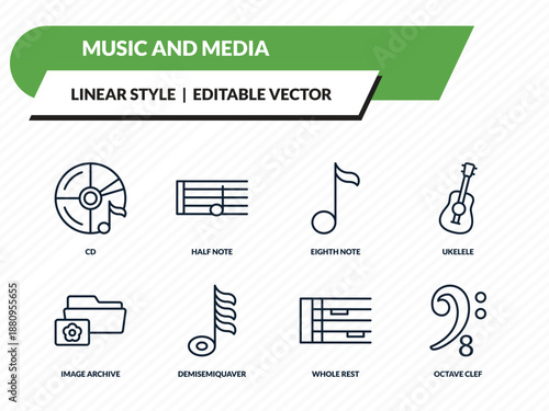music and media icons set - cd, half note, eighth note, whole rest, octave clef outline vector collection.