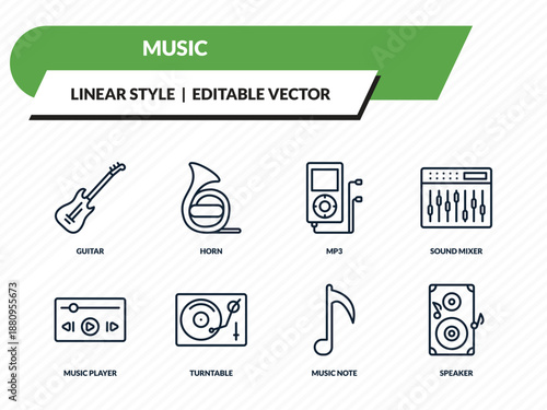 music icons set - guitar, horn, mp3, music note, speaker outline vector collection.