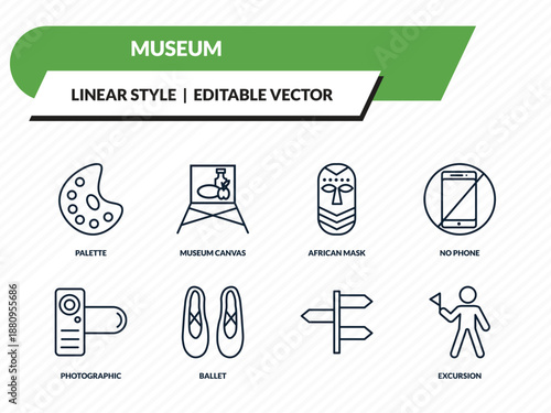 museum icons set - palette, museum canvas, african mask, , excursion outline vector collection.