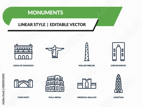 monuments icons set - lonja of zaragoza, , walled obelisk, medieval walls in avila, amritsar outline vector collection.