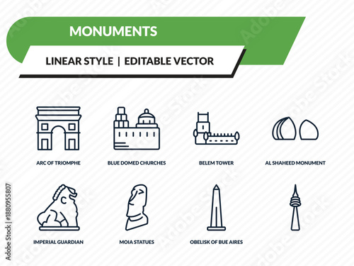 monuments icons set - arc of triomphe, blue domed churches, belem tower, obelisk of bue aires, outline vector collection.