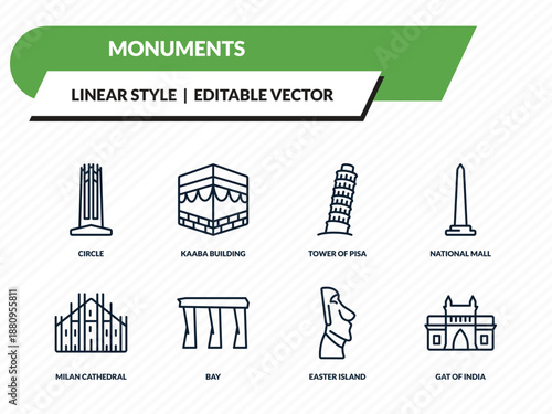 monuments icons set - circle, kaaba building, tower of pisa, easter island, gat of india outline vector collection.