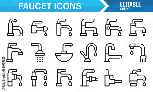 Editable faucet icon set for interior design and manuals
