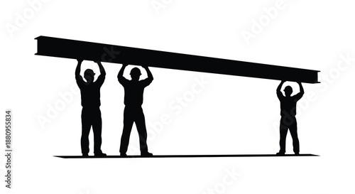 three figures support a heavy beam overhead in a striking black and white composition emphasizing teamwork and strength silhouette high quality