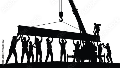 A team of construction workers collaboratively lifting a heavy steel beam with a crane overhead depicted in a striking silhouette