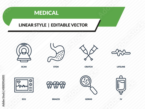 medical icons set - scan, stoh, crutch, germs, iv outline vector collection.