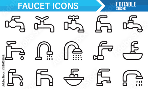 Water tap and plumbing outline icons collection