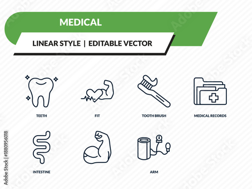 medical icons set - teeth, fit, tooth brush, arm, blood pressure outline vector collection.