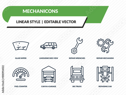 mechanicons icons set - glass wiper, limousine side view, repair wrenches, big truck, repairing car outline vector collection.
