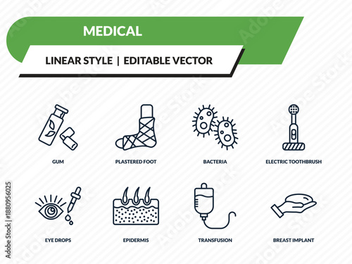 medical icons set - gum, plastered foot, bacteria, transfusion, breast implant outline vector collection.