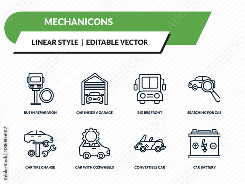 mechanicons icons set - bus in reparation, car inside a garage, big bus front, convertible car, car battery outline vector collection.
