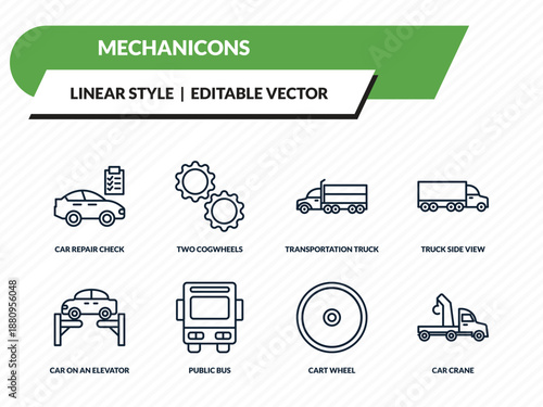 mechanicons icons set - car repair check, two cogwheels, transportation truck, cart wheel, car crane outline vector collection.