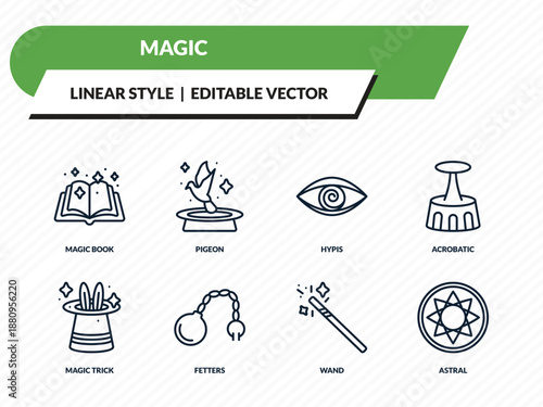magic icons set - magic book, pigeon, hypis, wand, astral outline vector collection.
