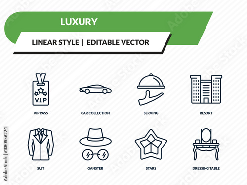 luxury icons set - vip pass, car collection, serving, stars, dressing table outline vector collection.
