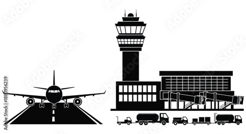 A striking depiction of an airport control tower airplane terminal and ground vehicles in a bold graphic silhouette high quality professional