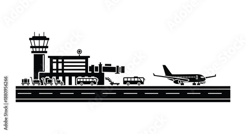airport scene with plane and buildings silhouette high quality professional detailed modern elegant stylish clean crisp vibrant colorful digital creative innovative