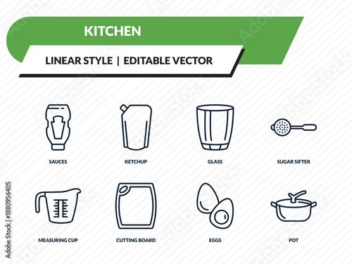 kitchen icons set - sauces, ketchup, glass, eggs, pot outline vector collection.