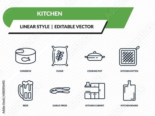kitchen icons set - conserve, flour, cooking pot, kitchen cabinet, kitchen board outline vector collection.