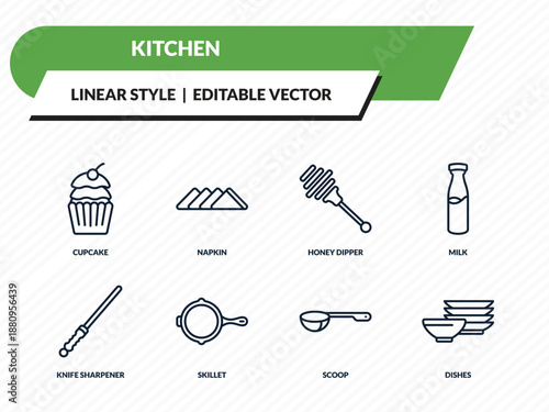 kitchen icons set - cupcake, napkin, honey dipper, scoop, dishes outline vector collection.