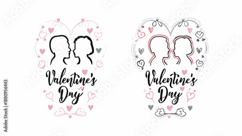 Valentine's Day couple silhouette designs with hearts and flowers